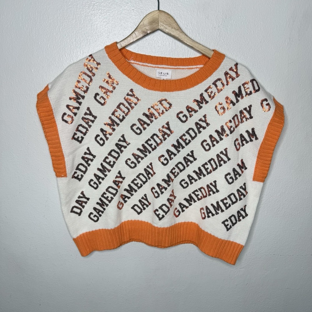 New Le Lis Game Day Sequin Orange White Boxy Sweater Short Sleeve Women's Small